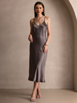 [Mørk Kaki] SilkSilky-NO Spaghetti Strap V Neck Kjole 003