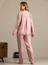 [Ferskenhud] SilkSilky-NO 19Momme Langermet Notchkrage Pyjamas for Kvinner 002
