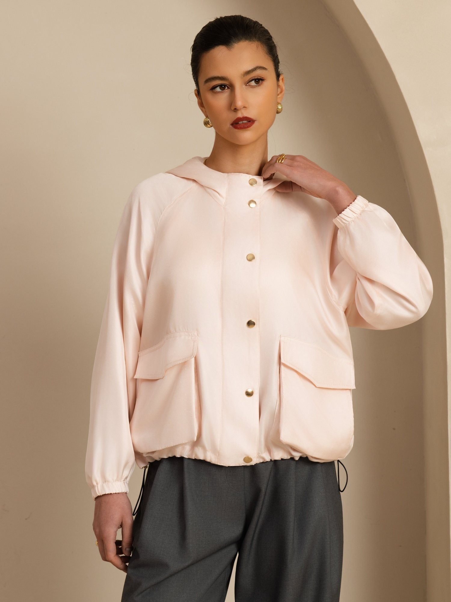 [Rosa] SilkSilky-NO Langermet Høy Hals Yttertøy for Kvinner 003