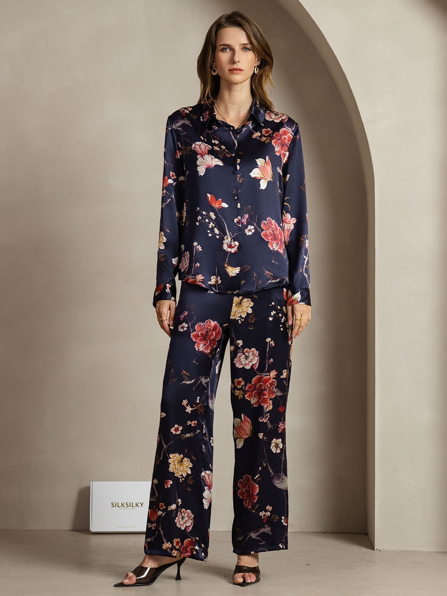[Marine Blomster] SilkSilky-NO 19Momme Silke Womens Outfit Sets 001
