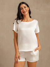 [Hvit] SilkSilky-NO 19Momme Kort erm Rund Hals Pyjamas for Kvinner 007
