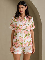 [Hvit Pion] SilkSilky-NO Short Sleeve Notch Collar Pyjamas for Kvinner 004
