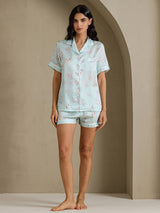 [Himmelsblå Blomster] SilkSilky-NO Short Sleeve Notch Collar Pyjamas for Kvinner 007