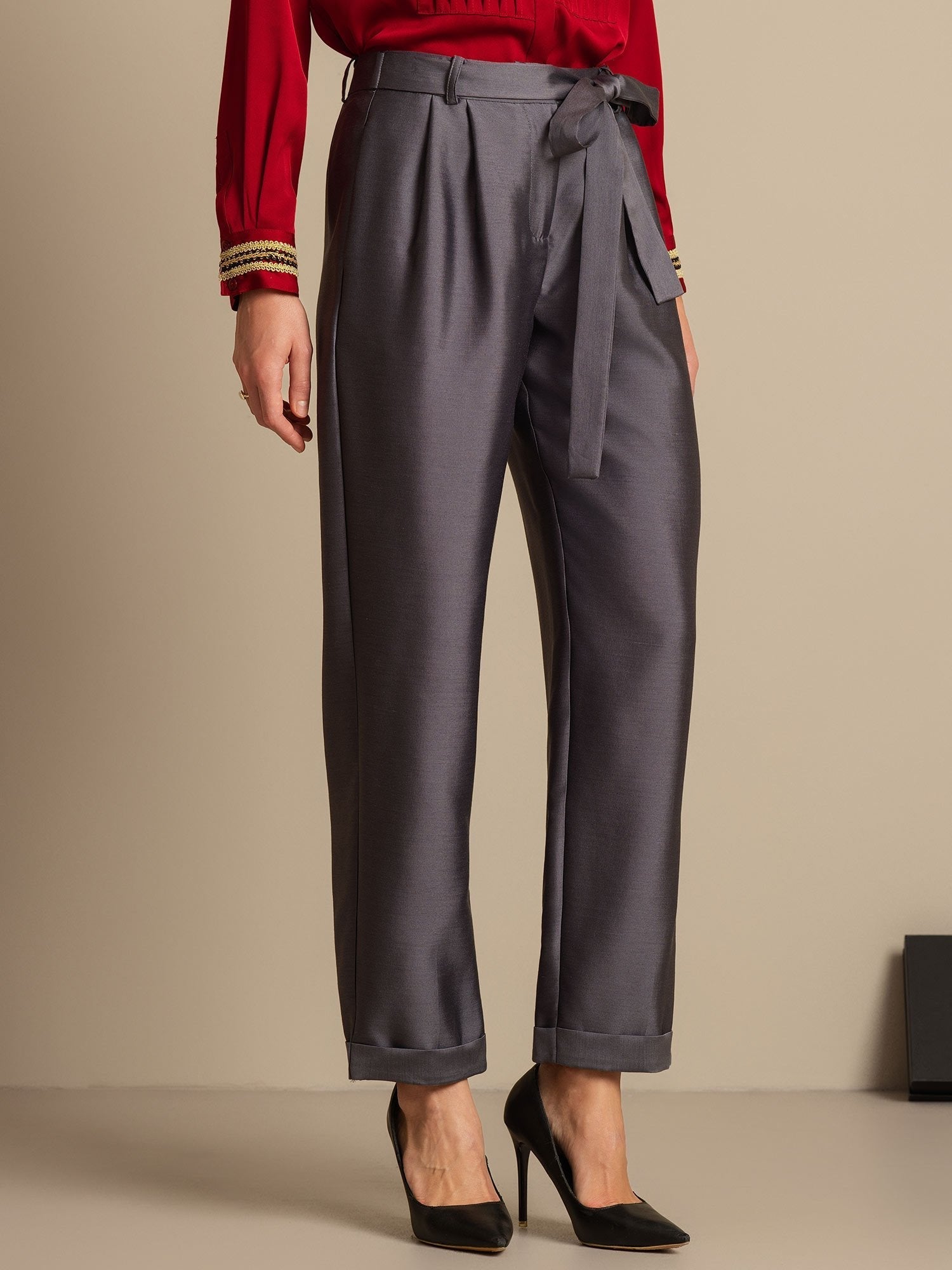 [Grå] SilkSilky-NO 32Momme Silk-Wool Blend Womens Pants 003,