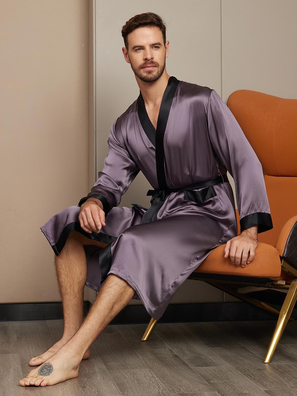 SilkSilky US Pure Silk Long Sleeve Mens Robe PurpleGray 005