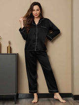 [Svart] SilkSilky-NO Long Sleeve Lapel Collar Pyjamas for Kvinner 003