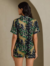 [Svart Serval] SilkSilky-NO Short Sleeve Notch Collar Pyjamas for Kvinner 002
