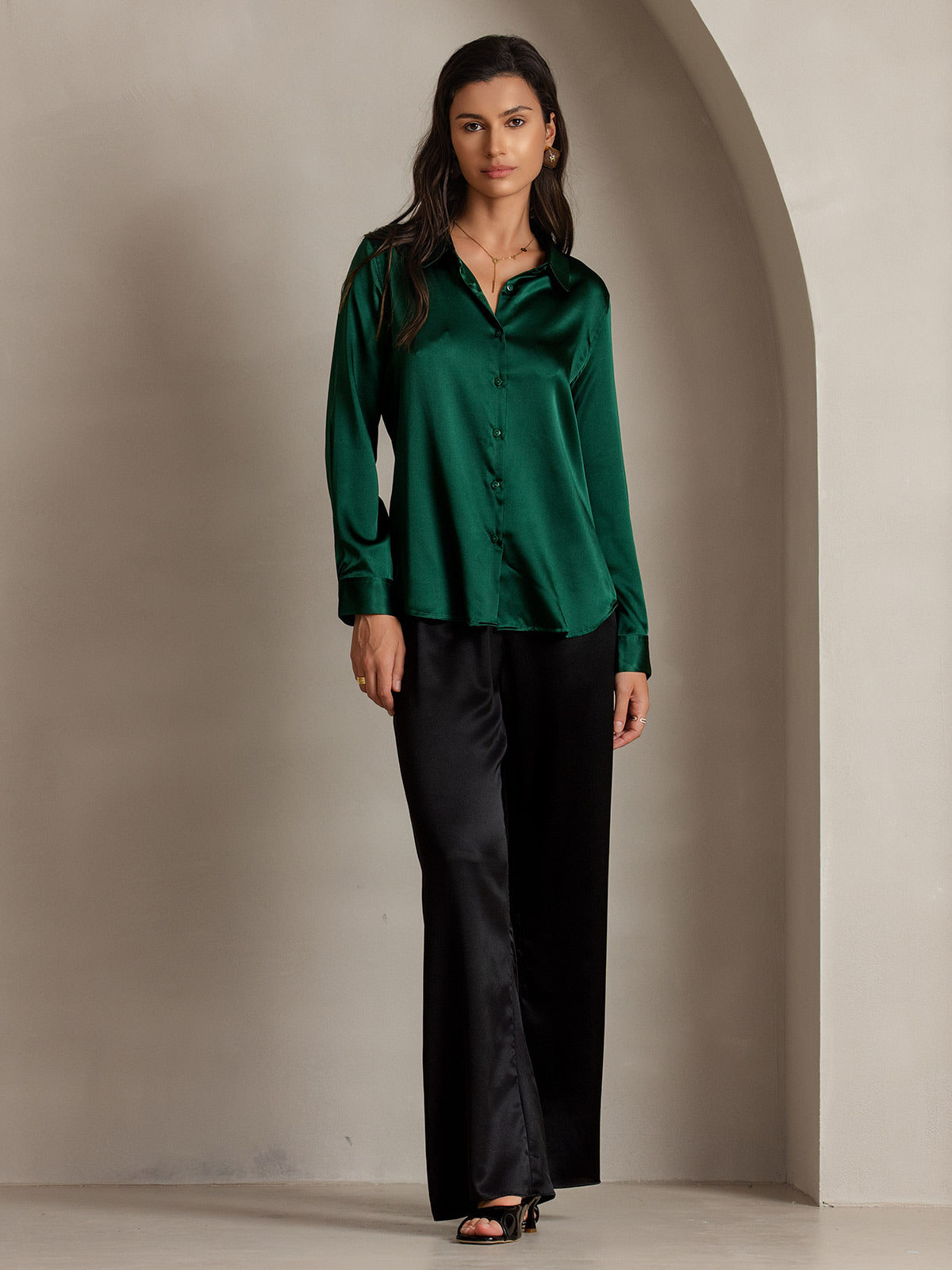 SilkSilky  Silk Blend Long Sleeve Collar Women's Shirt DarkGreen 005