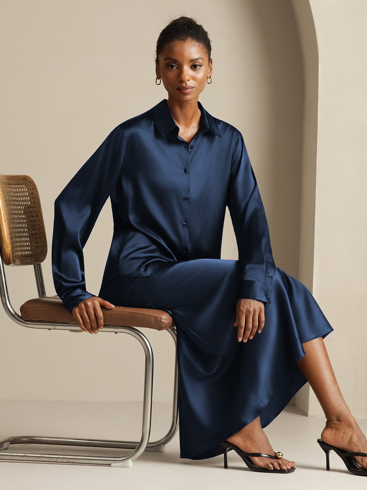 [Mørke blå] SilkSilky-NO 19Momme Silke Womens Outfit Sets 001,