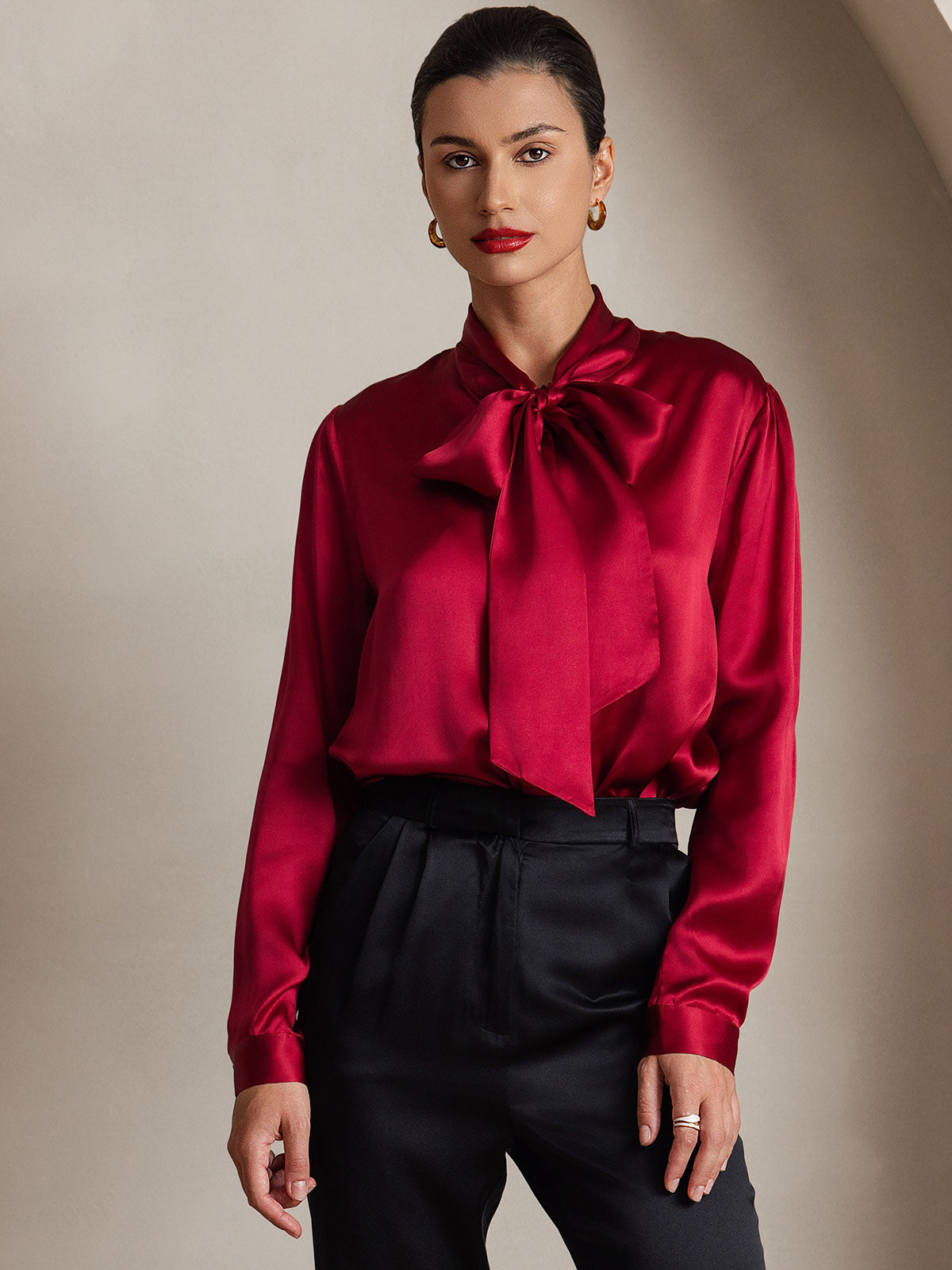 [Vin] SilkSilky-NO 19Momme Silke Long Sleeve Tie Neck Skjorte for Kvinner 001