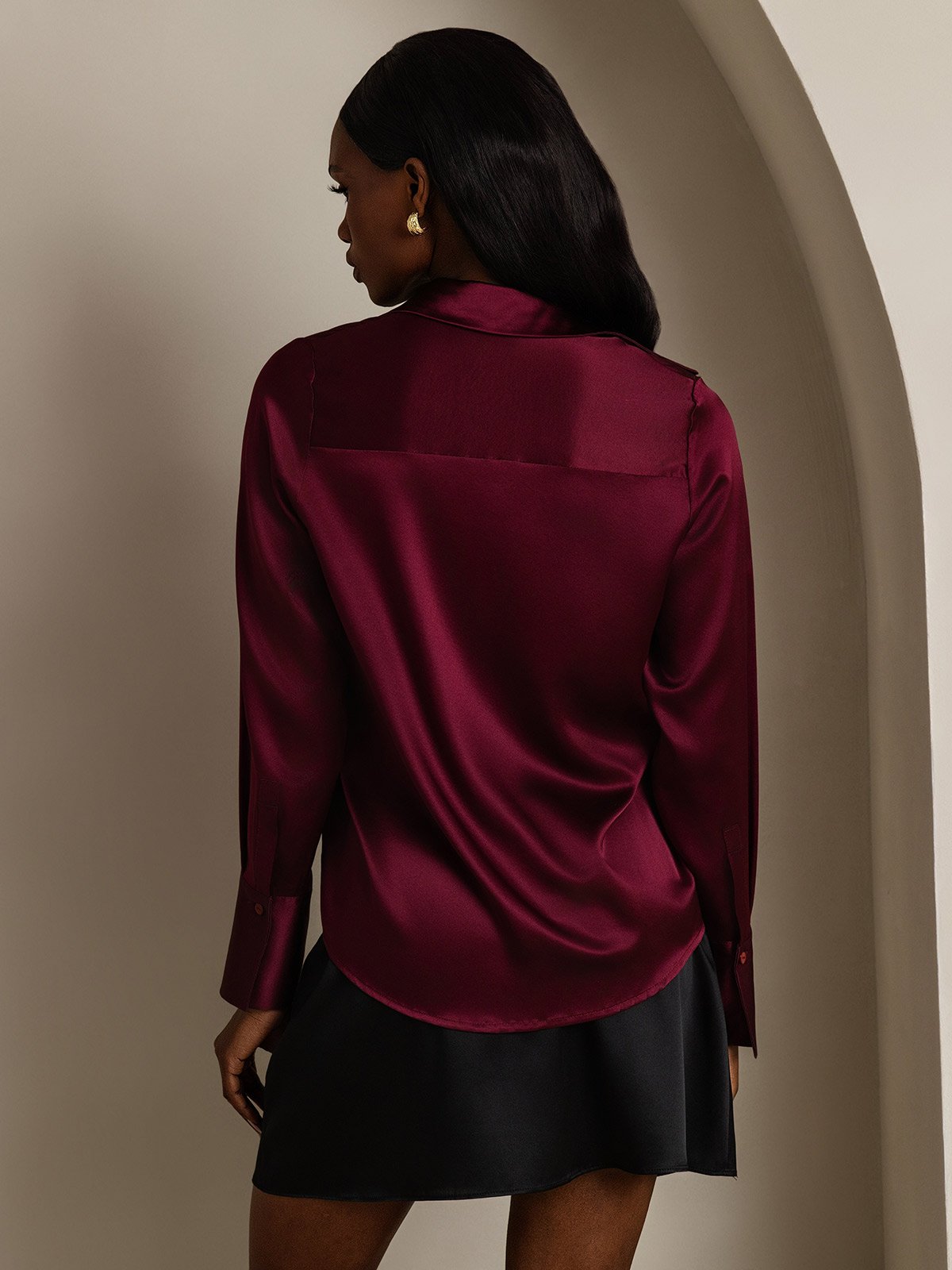 SilkSilky-NO 19Momme Silke Womens Shirt Mørkerød 002