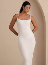 [Hvit] SilkSilky-NO Spaghetti Strap Boat Neck Kjole 003