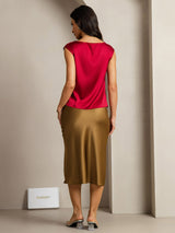 [Vin] SilkSilky-NO Cap Sleeve Cowl Neck T-skjorte for Kvinner 002