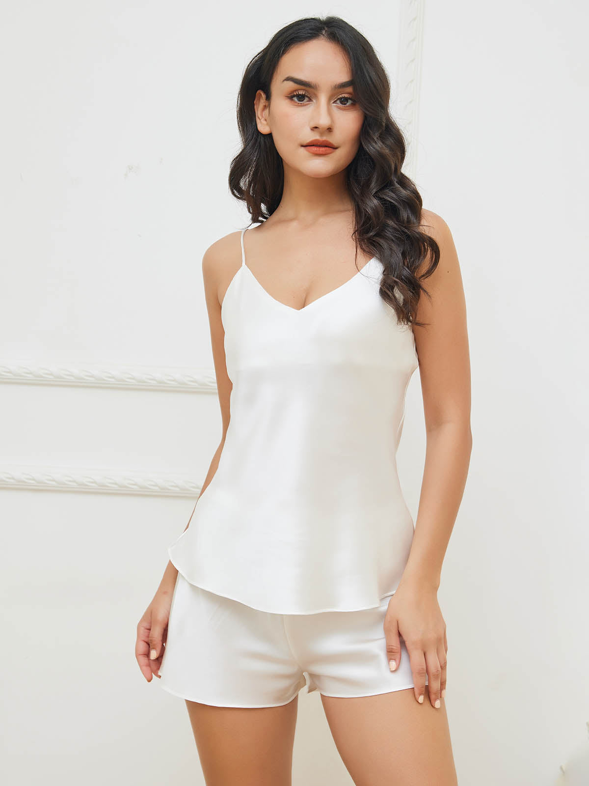[Hvit] SilkSilky-NO V-Hals Camisole sett 002