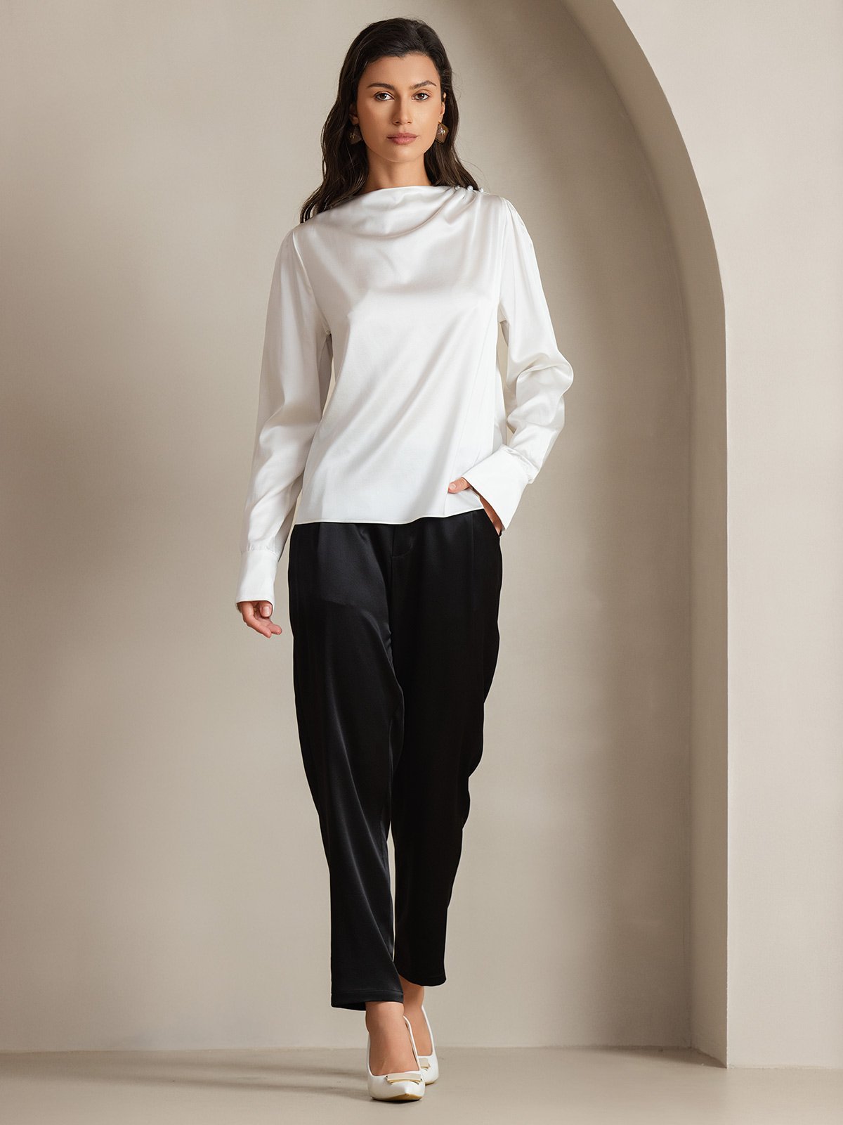 [Hvit] SilkSilky-NO 19Momme Silke Womens Shirt 007