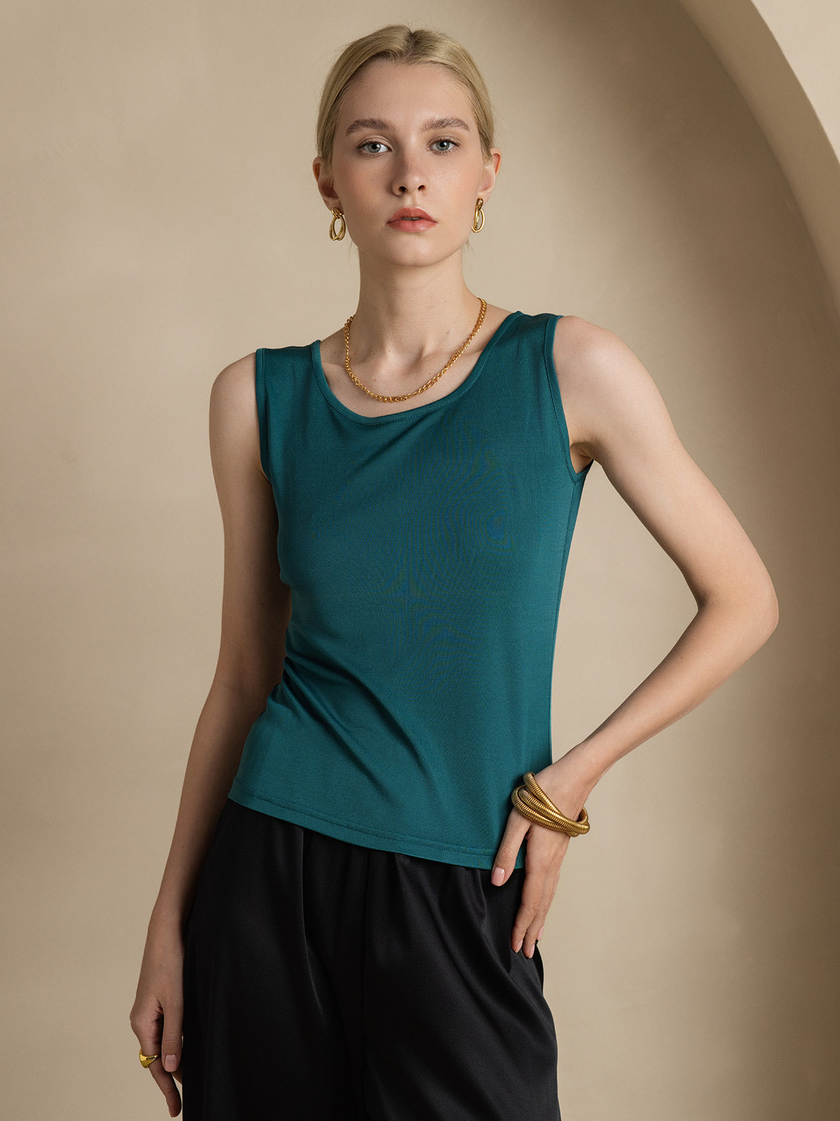 [Mørk Grønn] SilkSilky-NO Silk Knitted Sleeveless Round Neck T-skjorte for Kvinner 001