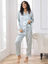 [Lyse Blå] SilkSilky-NO Long Sleeve Lapel Collar Pyjamas for Kvinner 004