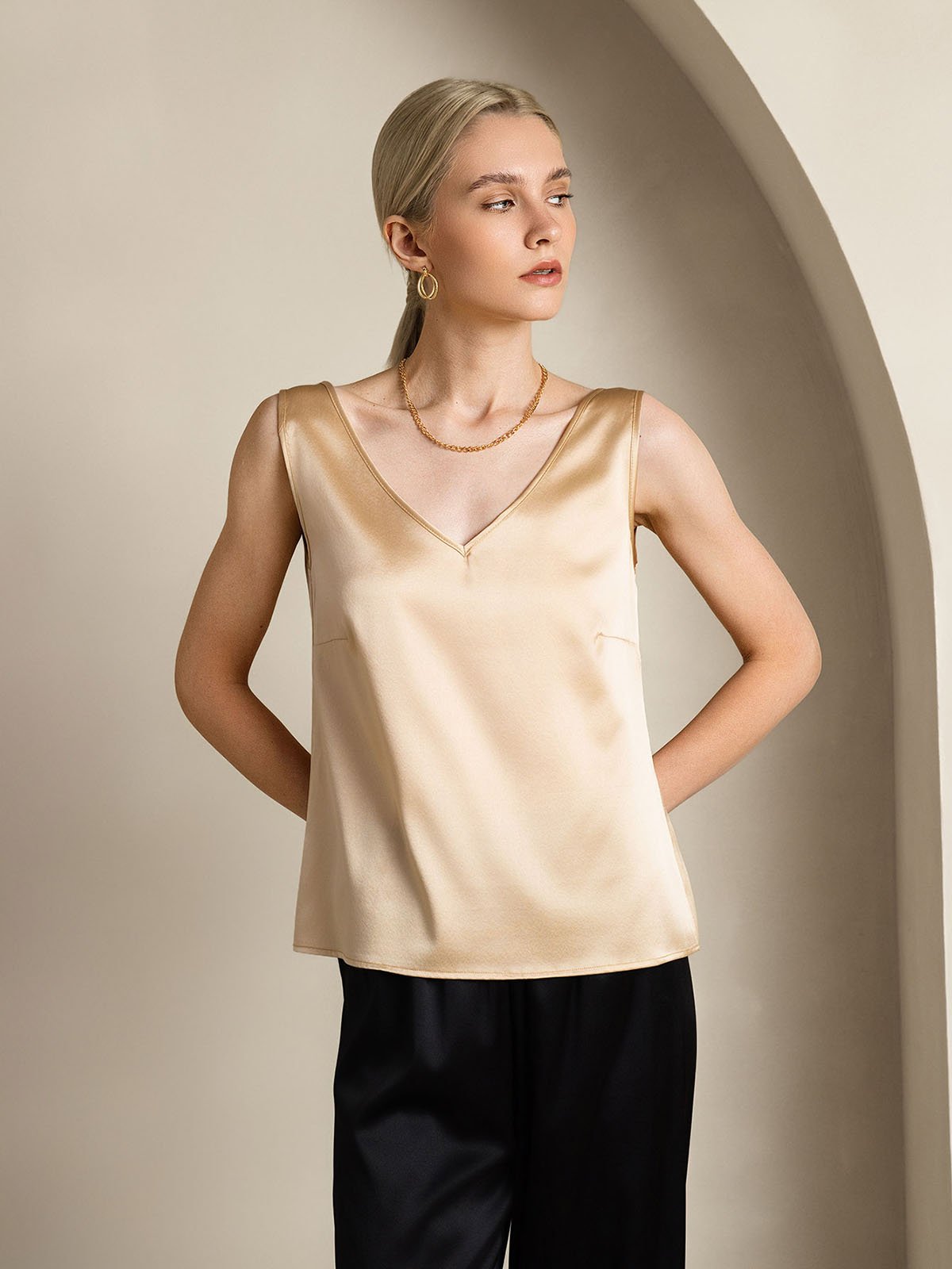 [Champagne] SilkSilky-NO 19Momme Silke V-Hals Camisole Topp 003