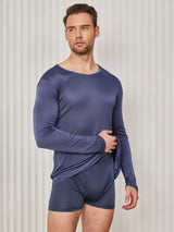 [Mørke blå] SilkSilky-NO Long Sleeve Round Neck T-skjorte for Menn 003