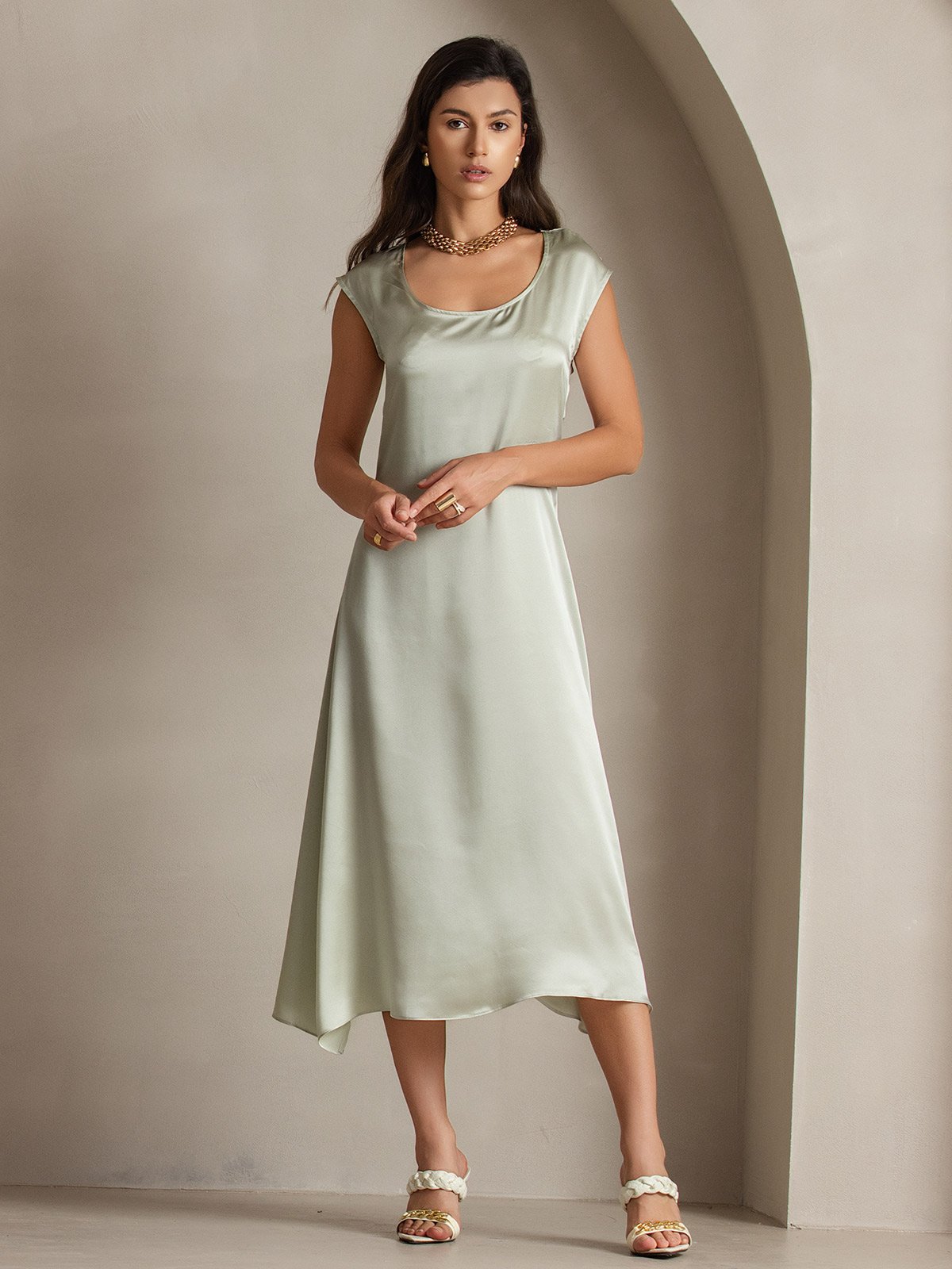 [Lysegrønn] SilkSilky-NO 19Momme Silke Dress 005