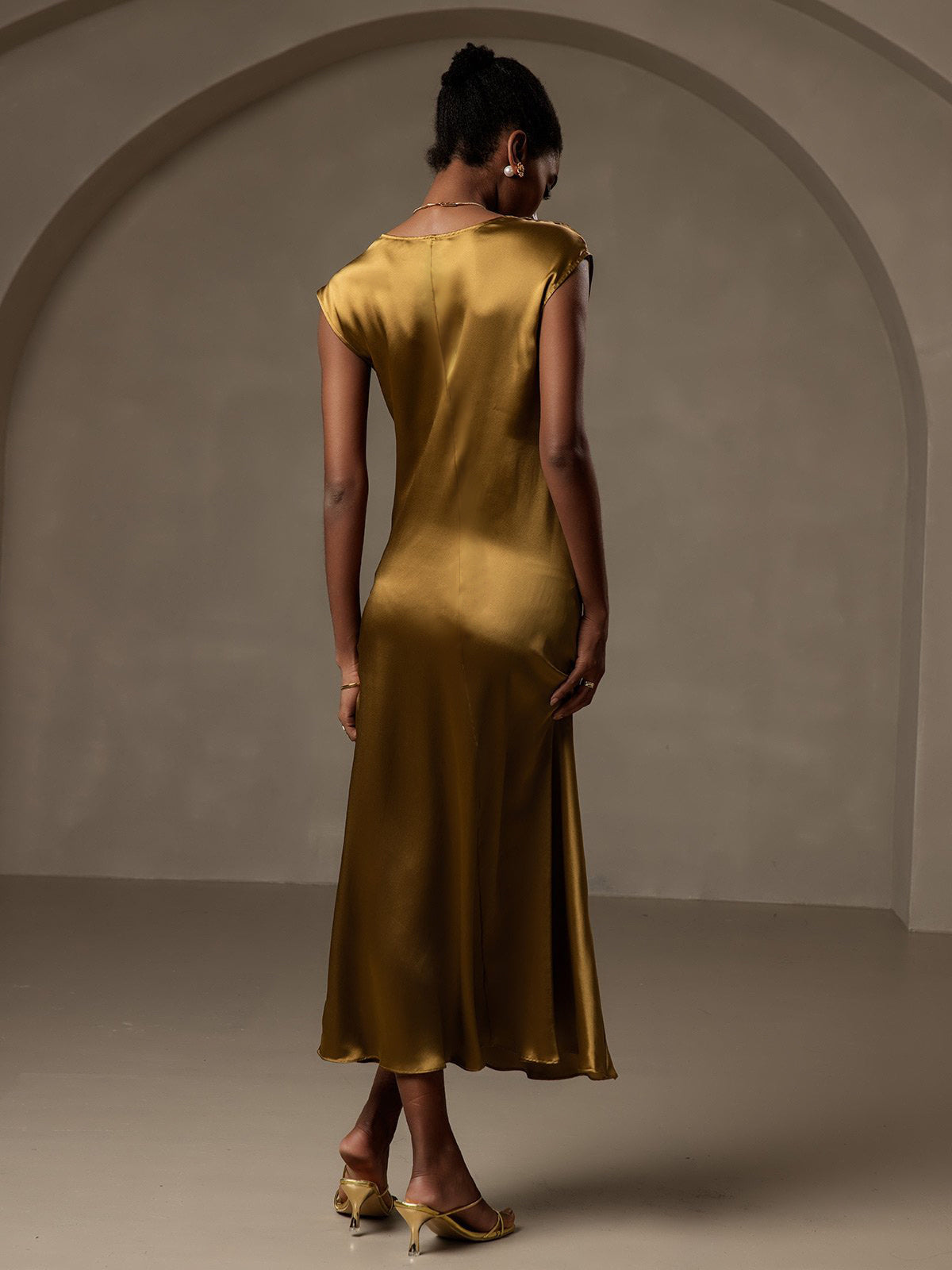 [Brun] SilkSilky-NO Cap Sleeve Scoop Neck Kjole 002