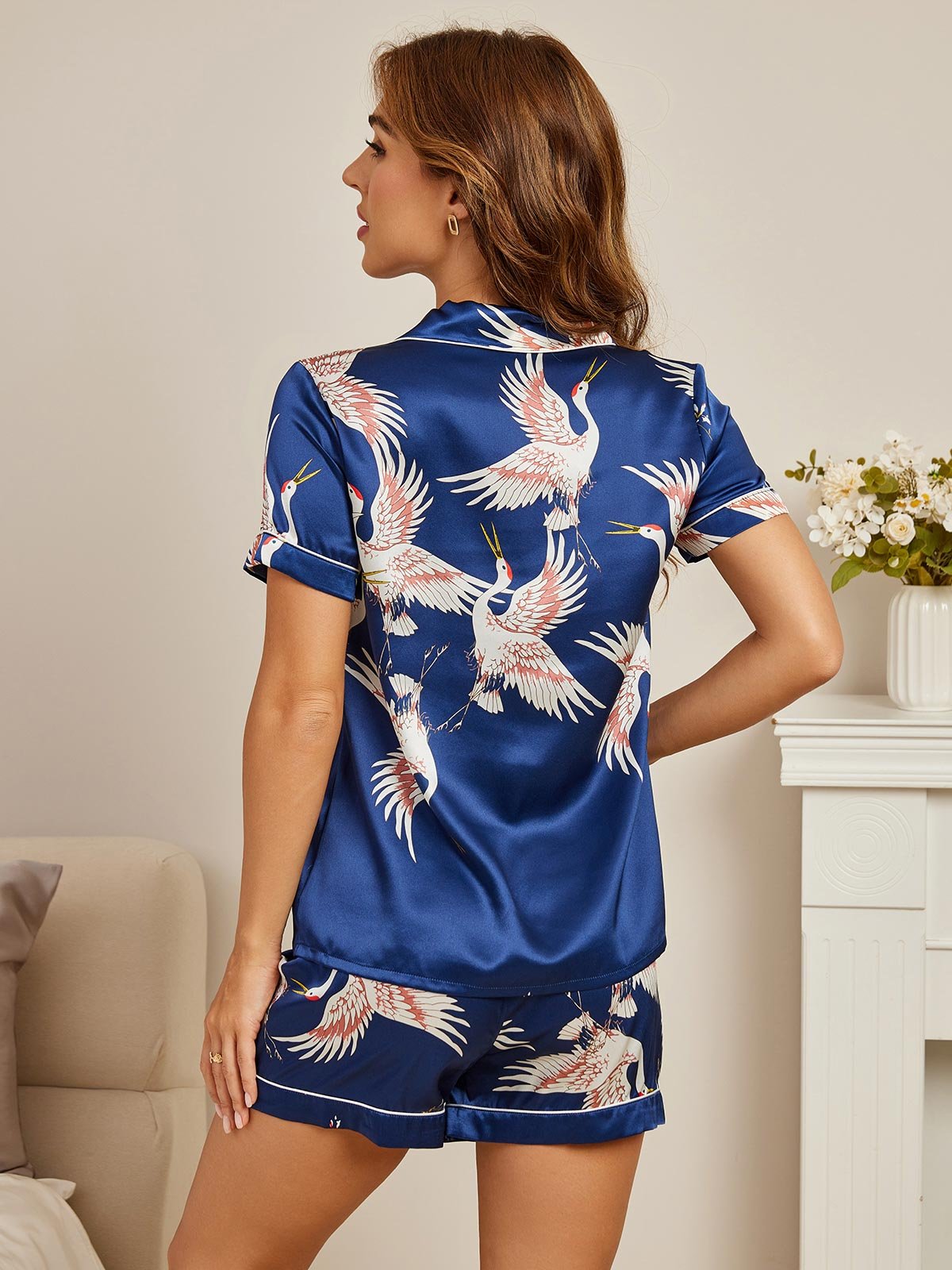 [Mørke blå] SilkSilky-NO 19Momme Kort erm Notchkrage Pyjamas for Kvinner 002