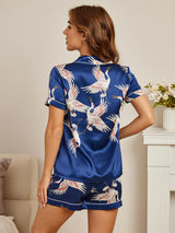 [Mørke blå] SilkSilky-NO Short Sleeve Lapel Collar Pyjamas for Kvinner 002