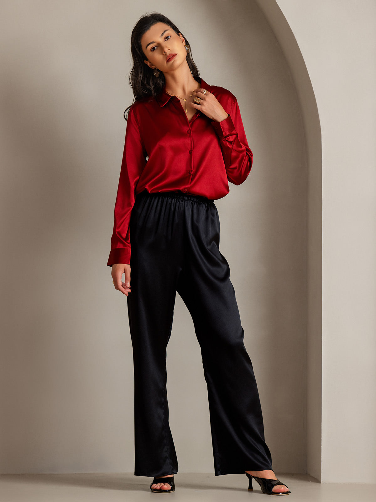 [Rød] SilkSilky-NO Silke Lapel Collar Skjorte for Kvinner 005