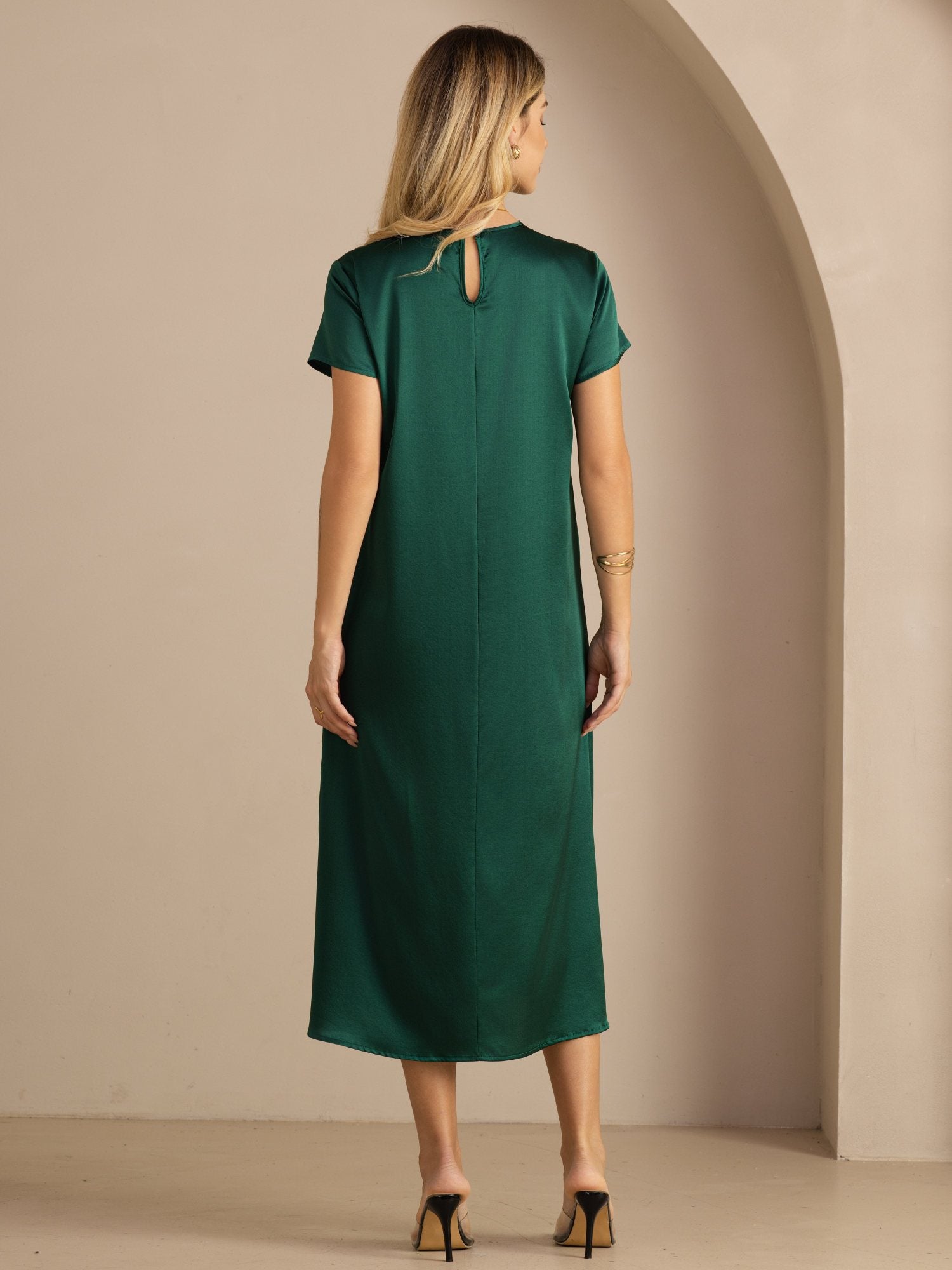 [Mørk Grønn] SilkSilky-NO Short Sleeve Round Neck Kjole 002