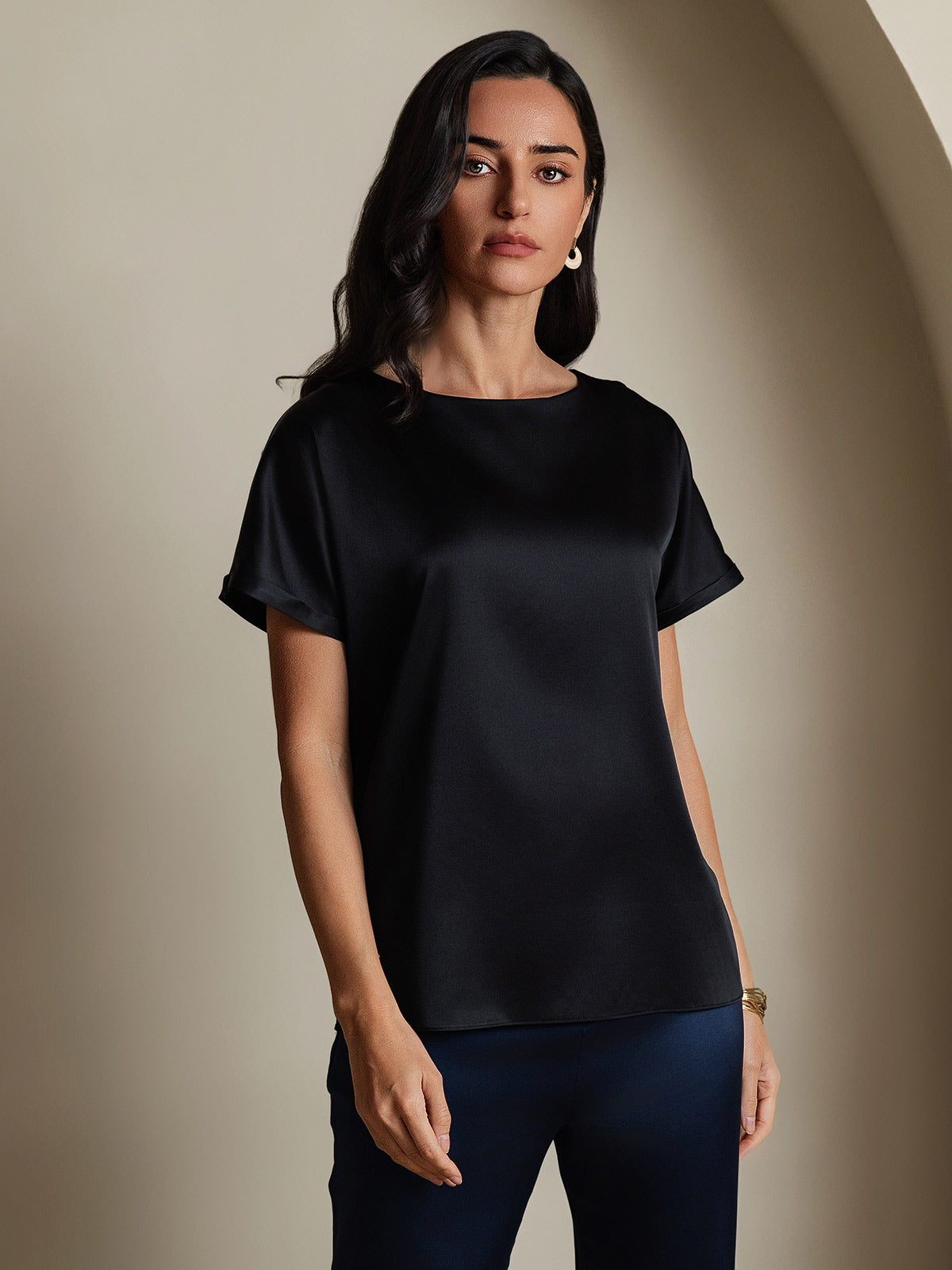 [Svart] SilkSilky-NO 19Momme Silke Womens T-Shirt 001