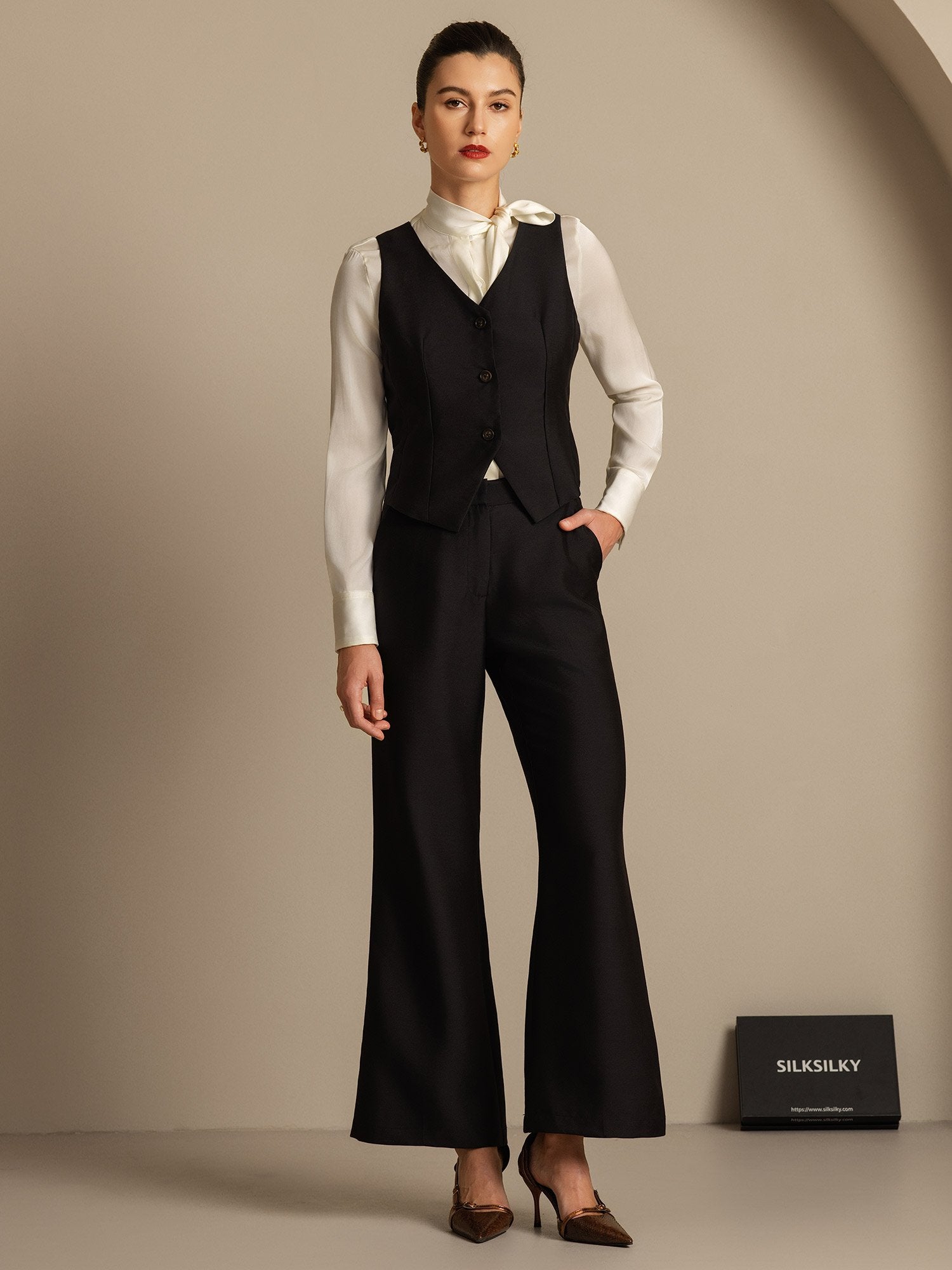 [Svart] SilkSilky-NO 32Momme Silk-Wool Blend Womens Pants 006,