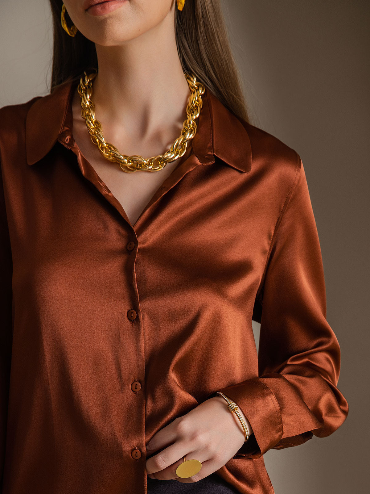[Kaffe] SilkSilky-NO Silke Long Sleeve Collar Skjorte for Kvinner 006