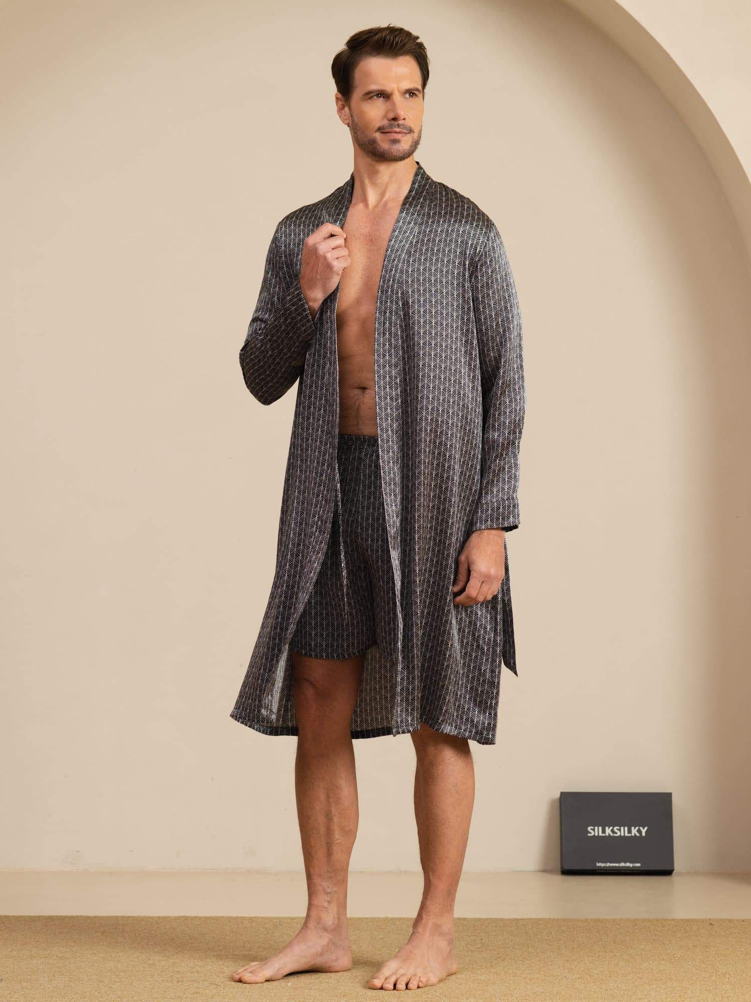 [Svart Ginkgo] SilkSilky-NO Long Sleeve Pyjamas for menn 001