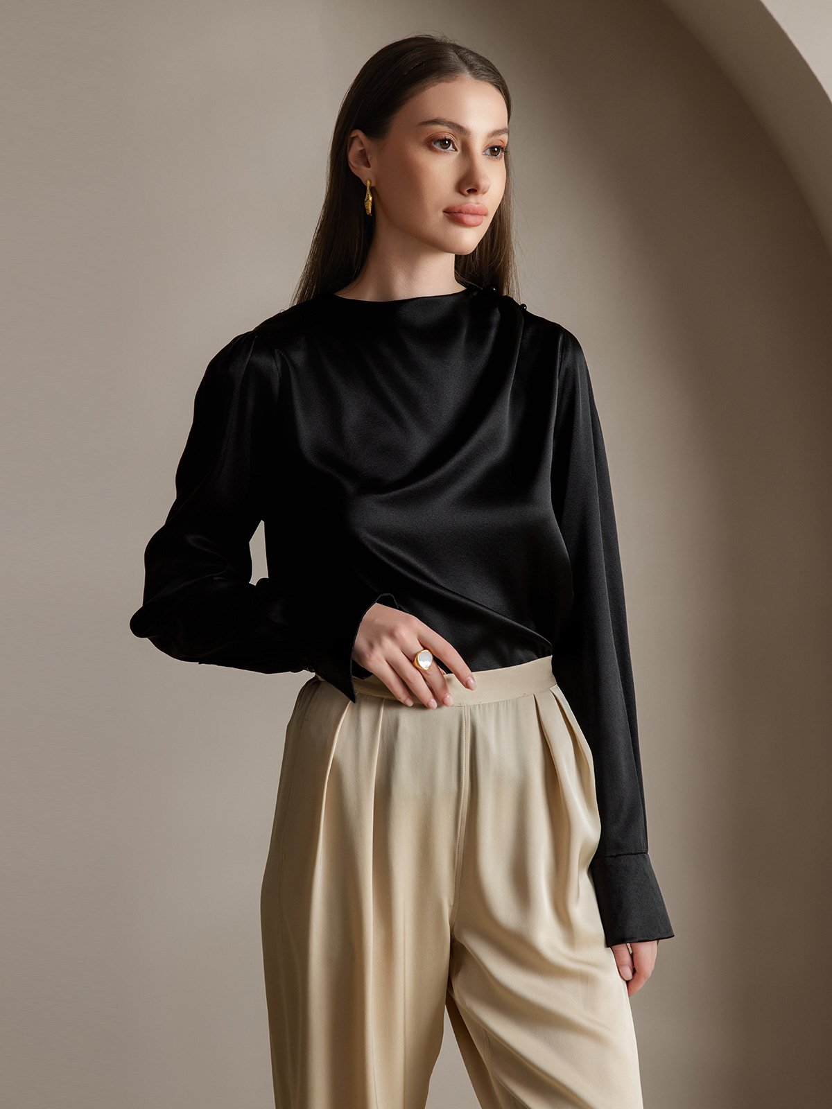 [Svart] SilkSilky-NO 19Momme Silke Womens Shirt 005