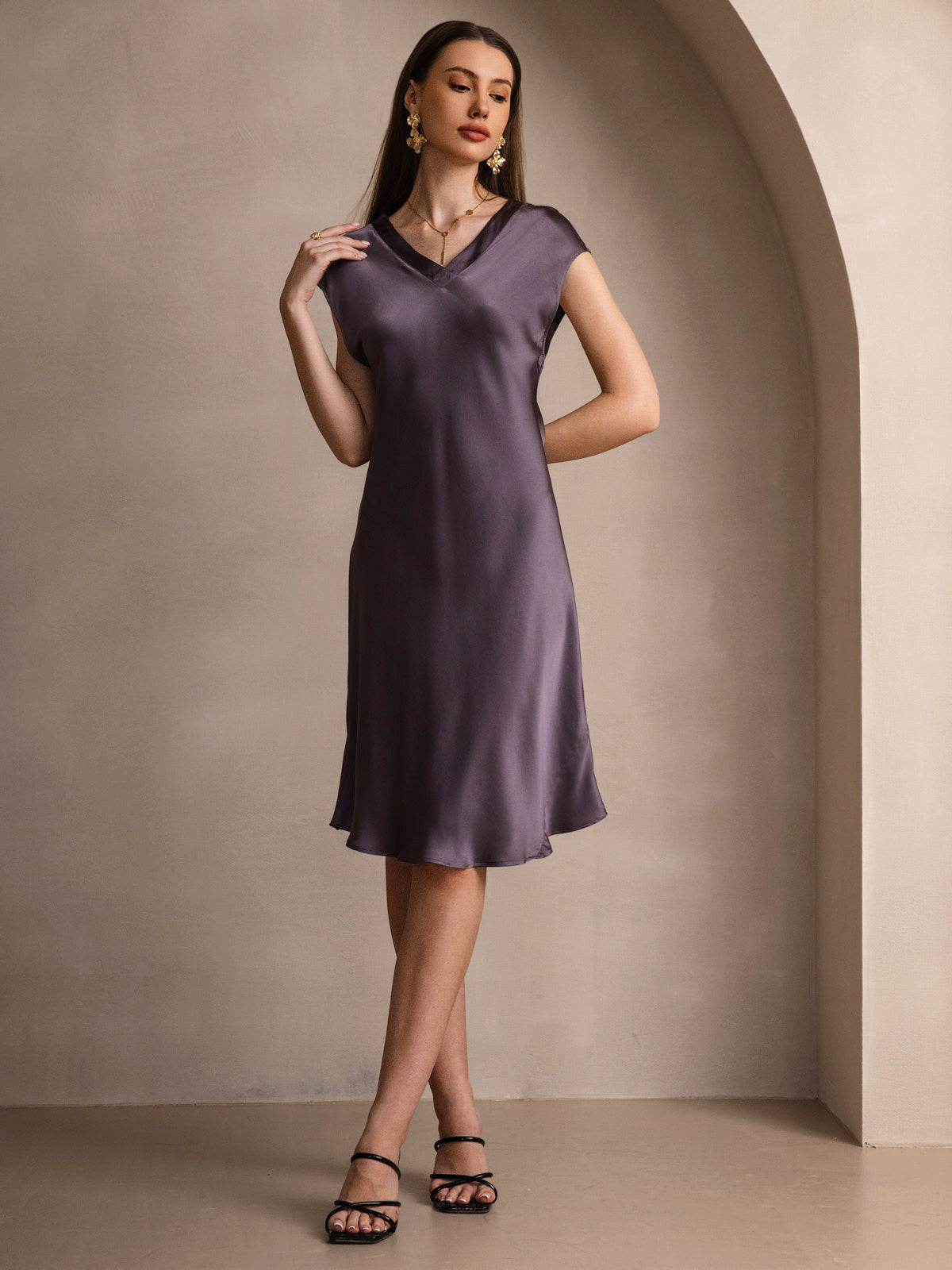 SilkSilky  Pure Silk Sleeveless V Neck Nightgown PurpleGray 005