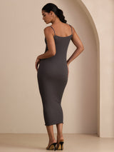 [Grå] SilkSilky-NO Spaghetti Strap Boat Neck Kjole 002