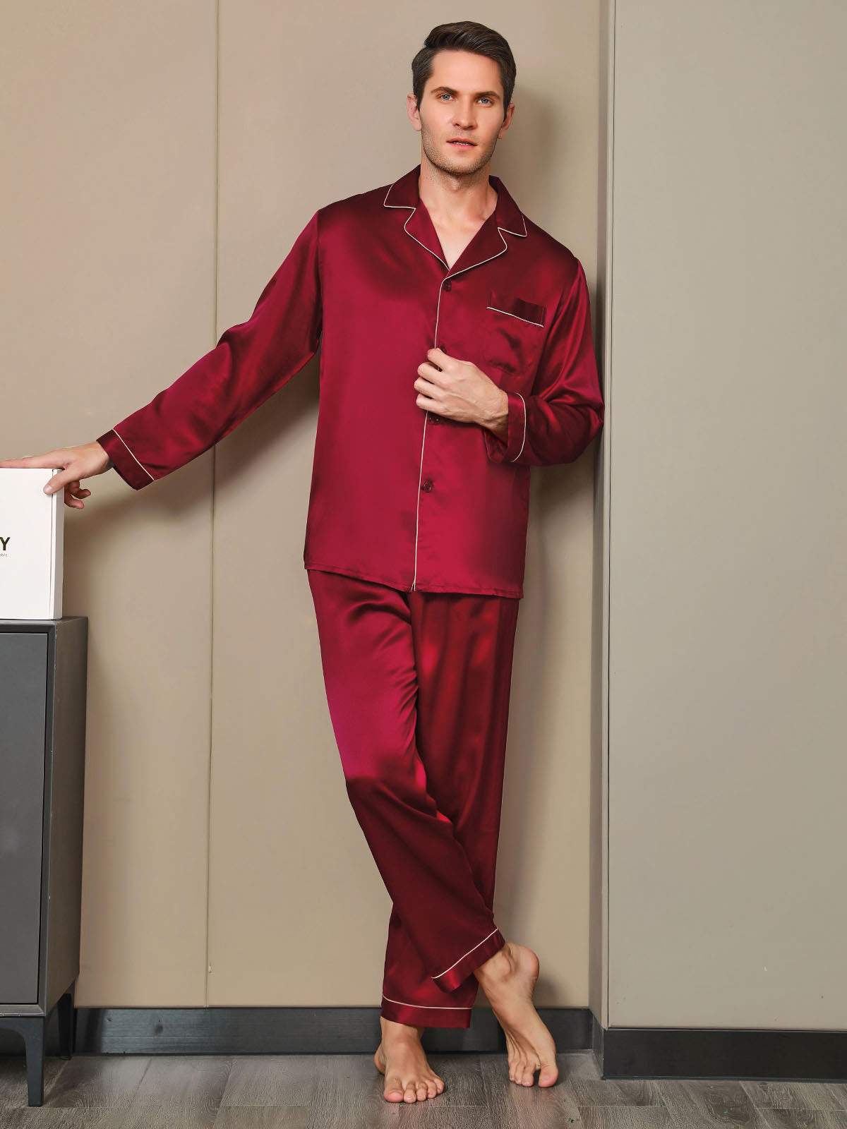 SilkSilky  Pure Silk Long Sleeve Lapel Men's Pajamas Wine 006