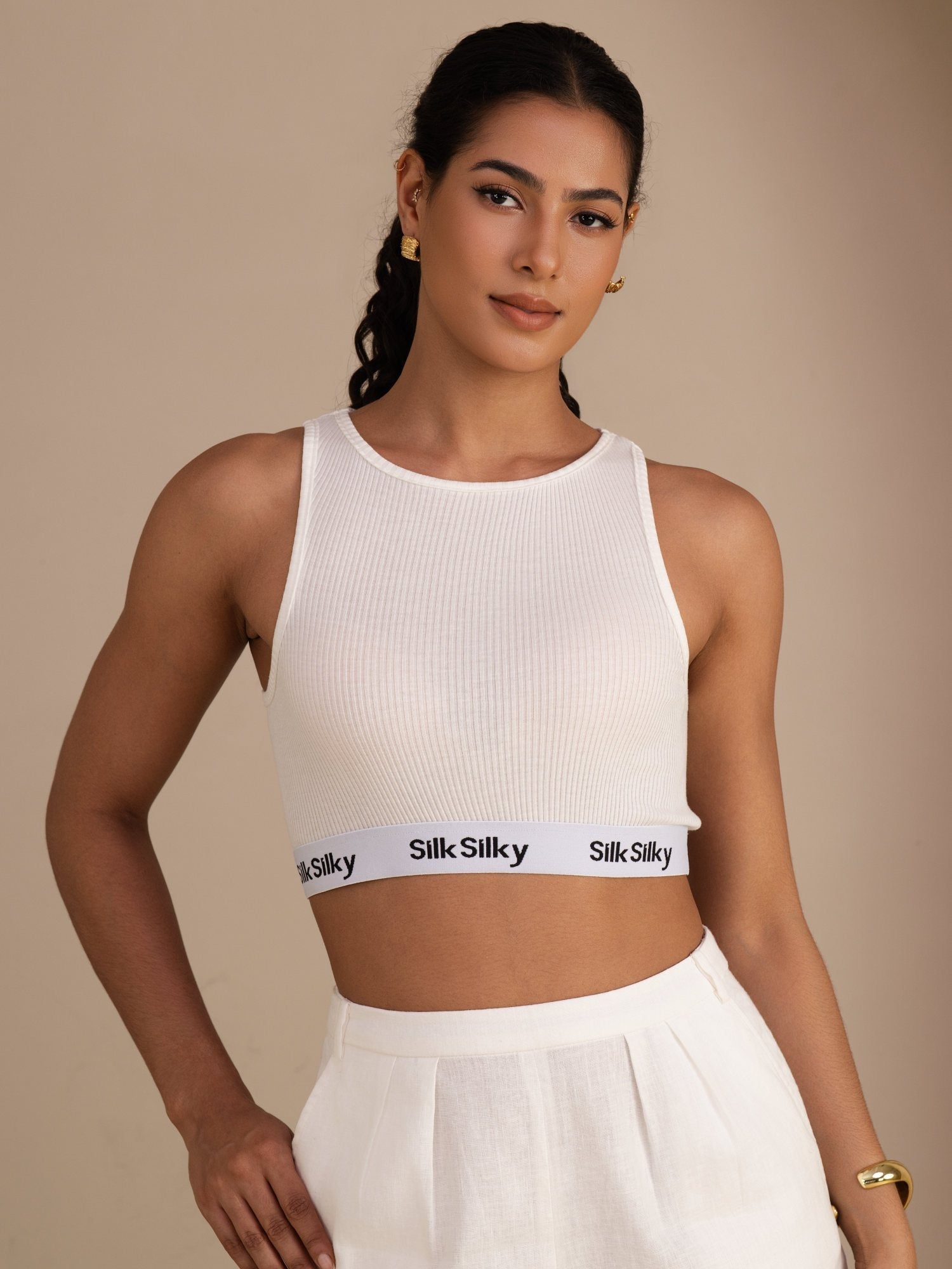 [Hvit] SilkSilky-NO Sleeveless Crew Neck Camisole Topp 001