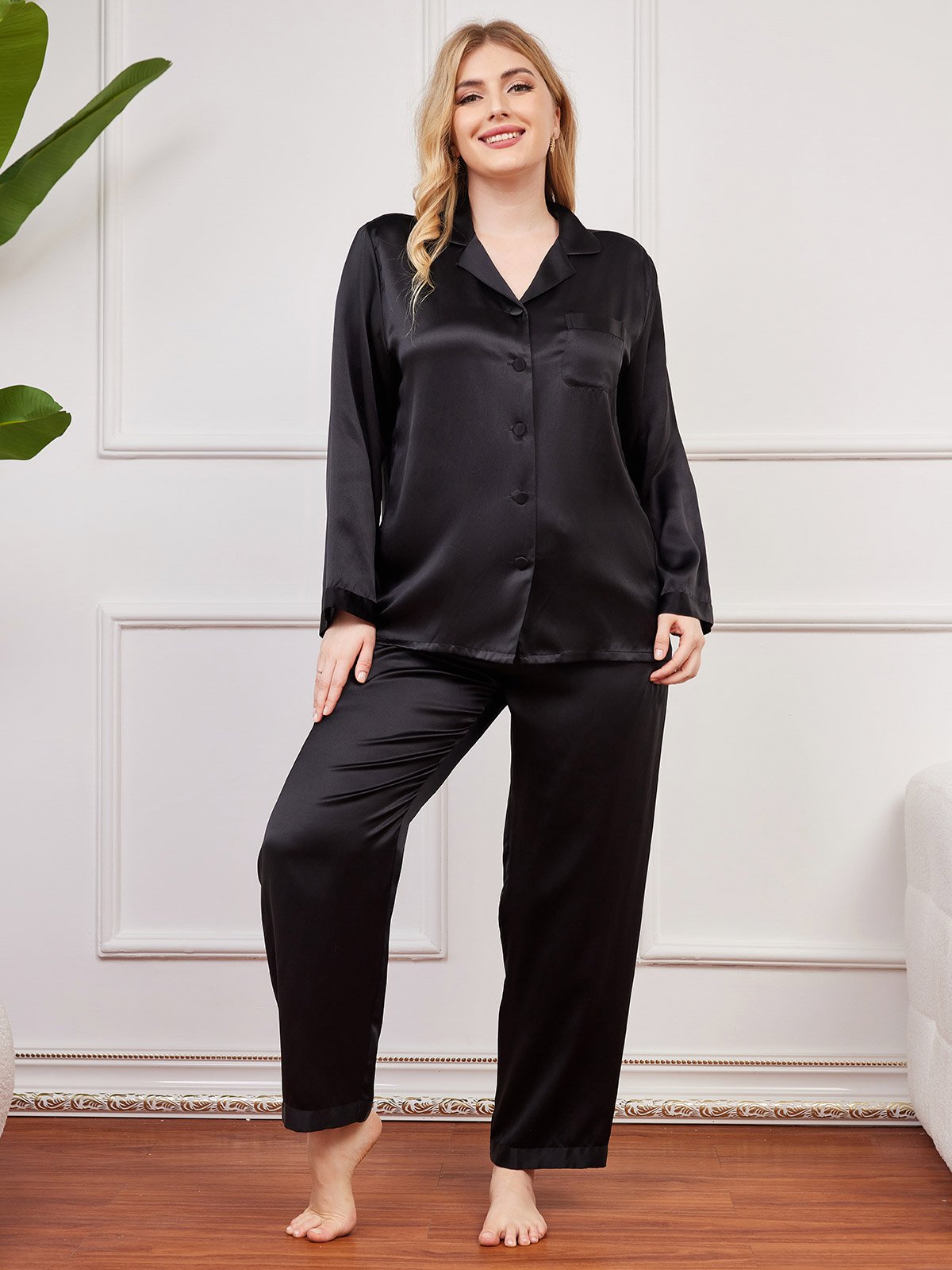 SilkSilky US Pure Silk Long Sleeve Lapel Plus Size Pajamas Black 001