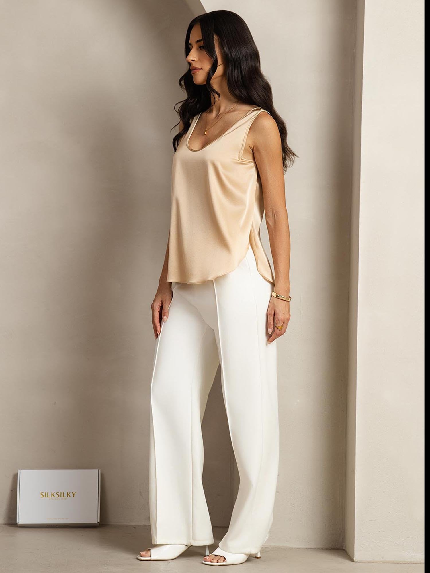 [Champagne] SilkSilky-NO 19Momme Silke U-hals T-skjorte for Kvinner 003