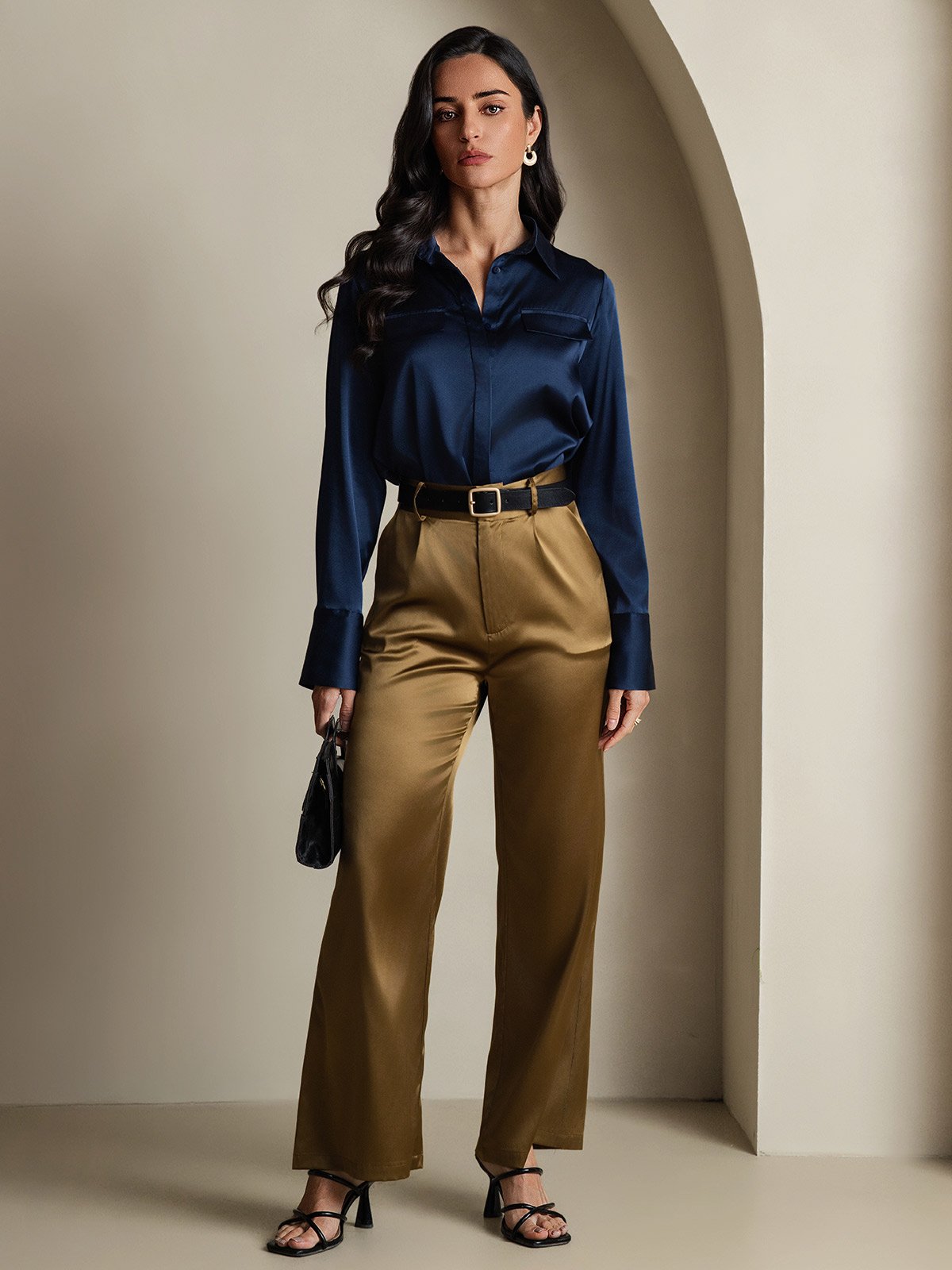 SilkSilky-NO 19Momme Silke Womens Shirt Mørkeblå 008