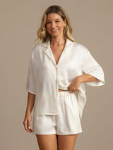 [Hvit] SilkSilky-NO 19Momme Halv erme Notchkrage Pyjamas for Kvinner 007