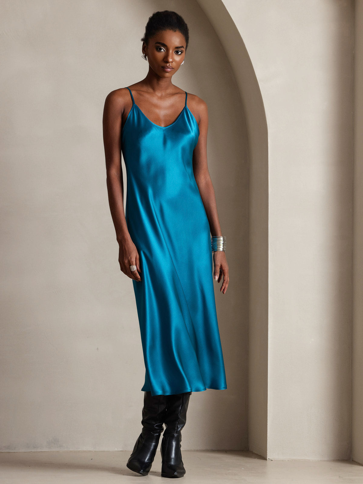 [Blågrønn] SilkSilky-NO Pure Silk Sleeveless Round Neck Kjole 001