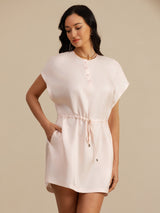 [Rosa] SilkSilky-NO 18Momme Kappeermer Henley-krage Kjole 003