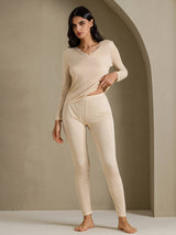 [Beige] SilkSilky-NO Long Sleeve V Neck Dame Langt Undertøy 006