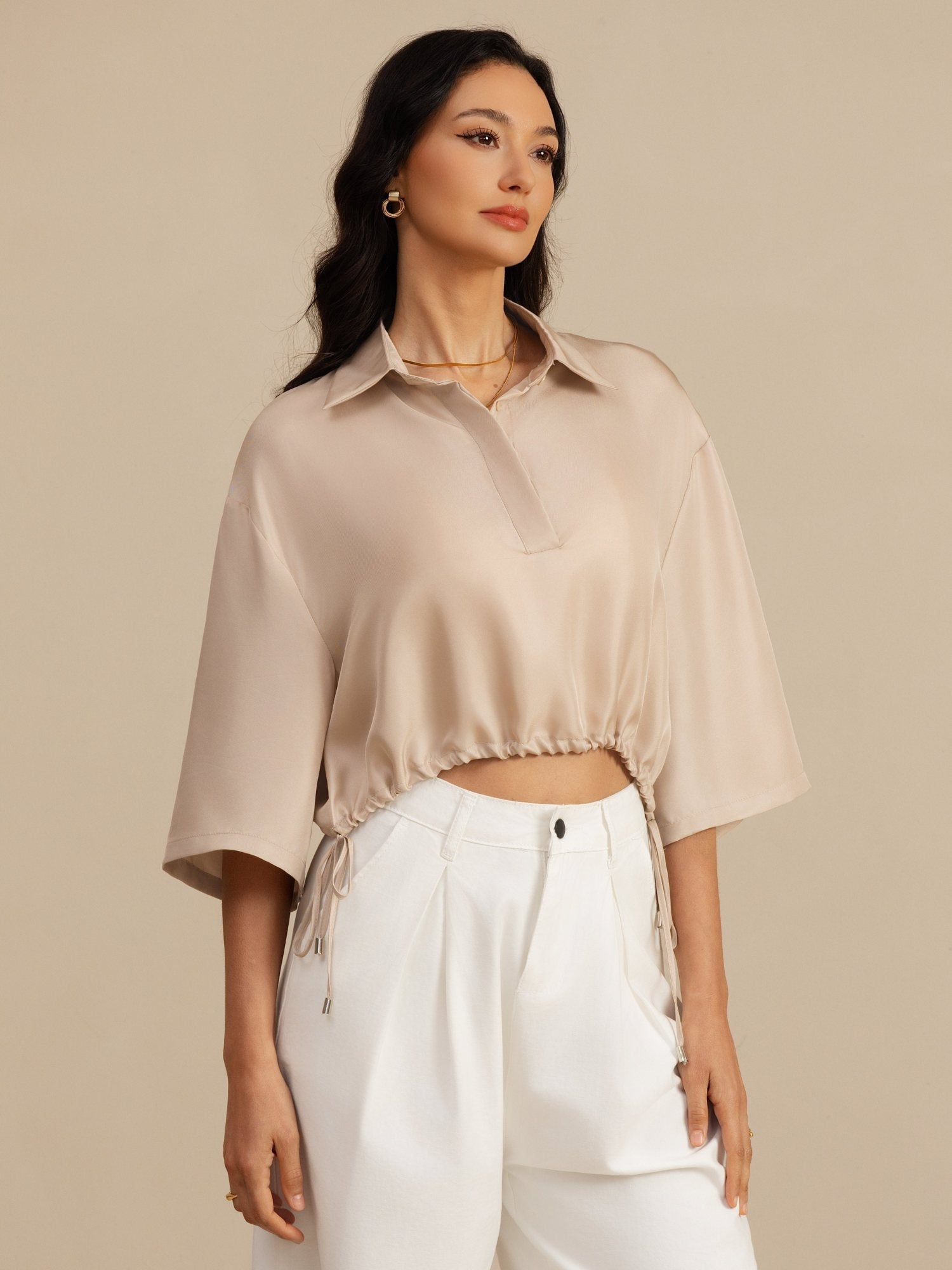 [Tan] SilkSilky-NO 18Momme Halv erme Slagkrage Bluse 001