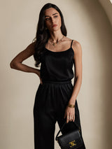 [Svart] SilkSilky-NO 19Momme Spaghetti Stropp Dyp Rund Halsutringning Camisole Topp 003