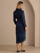 [Mørke blå] SilkSilky-NO Long Sleeve Lapel Collar Kjole 002