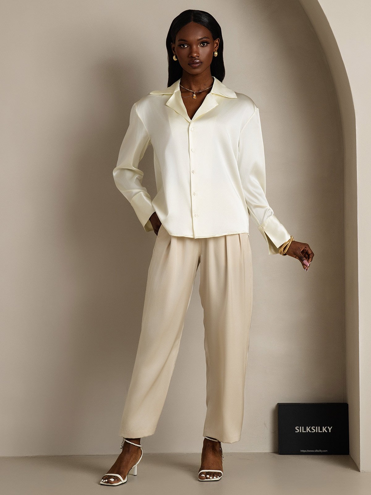 SilkSilky-NO 19Momme Silke Lapel Skjorte for Kvinner Elfenbein 005