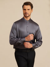 [Mørkegrå] SilkSilky-NO Long Sleeve Stand Collar Skjorte for Menn 003